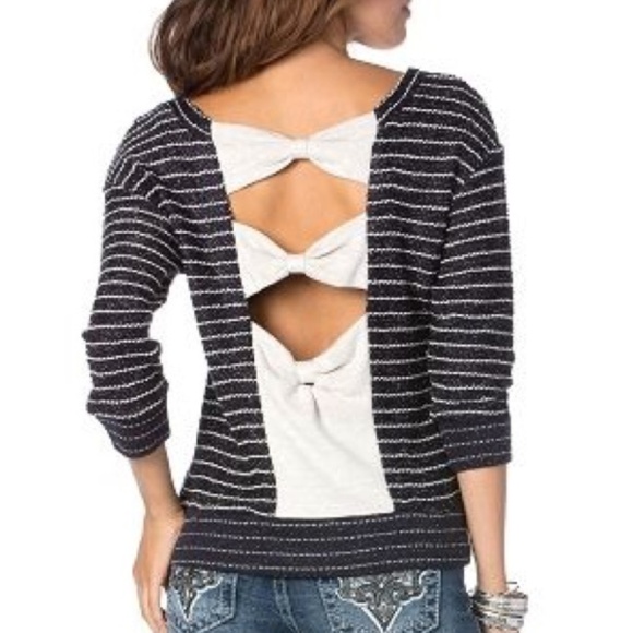 Miss Me Sweaters - Miss me Navy Shimmer Striped Bow back sweater